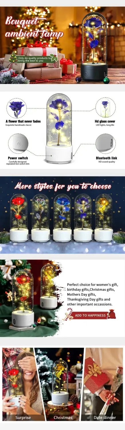 Creative 2-in-1 rose led night light & bluetooth speaker – valentine’s day gift in glass cover