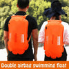 Waterproof dry bag backpack with double airbag swim float for camping and water sports, bright orange color.