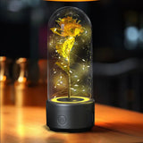 Creative 2-in-1 rose led night light & bluetooth speaker – valentine’s day gift in glass cover - black base gold flower