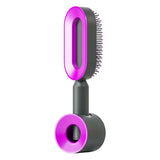 Self cleaning hair brush for women one-key loss airbag massage scalp comb anti-static hairbrush - black purple set